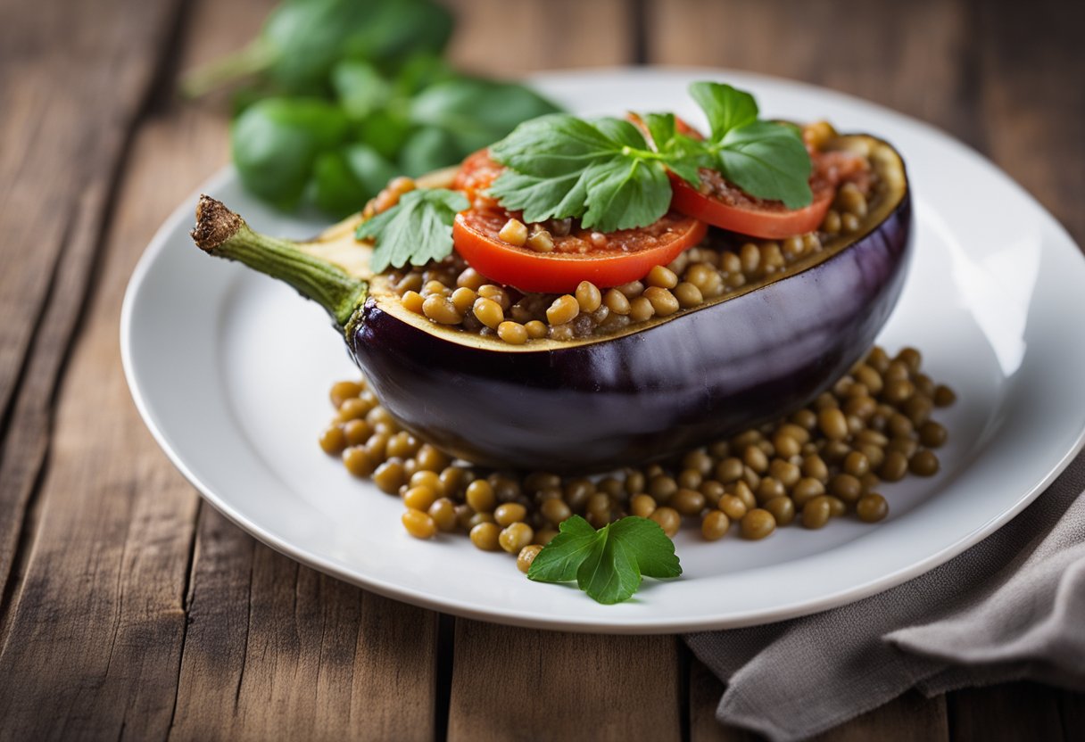 Eggplant stuffed with lentils and tomatoes on a rustic wooden table