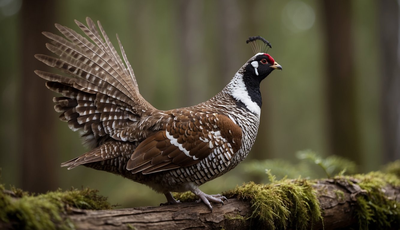 Male grouse drumming on a log, feathers puffed, tail fanned, head bobbing, creating a rhythmic beat in a forest clearing
