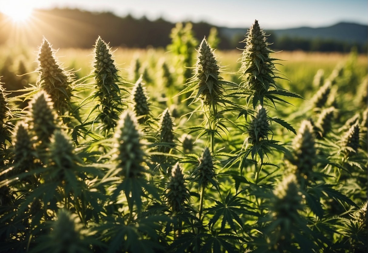 A sunny field with mature cannabis plants, surrounded by lush greenery. The sky is clear, indicating ideal weather conditions for outdoor harvest