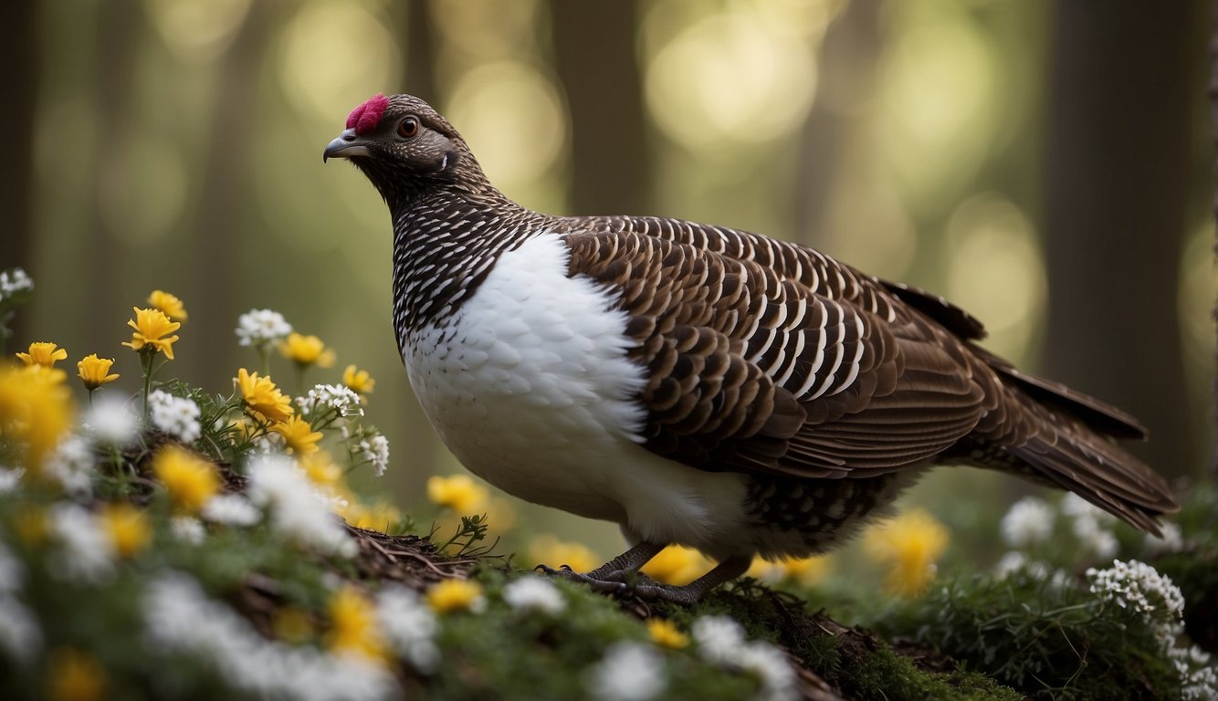 Grouse drumming in the forest.

Male bird puffs chest, beats wings, and creates rhythmic thumping sound to attract female. Surrounding trees and flowers in bloom