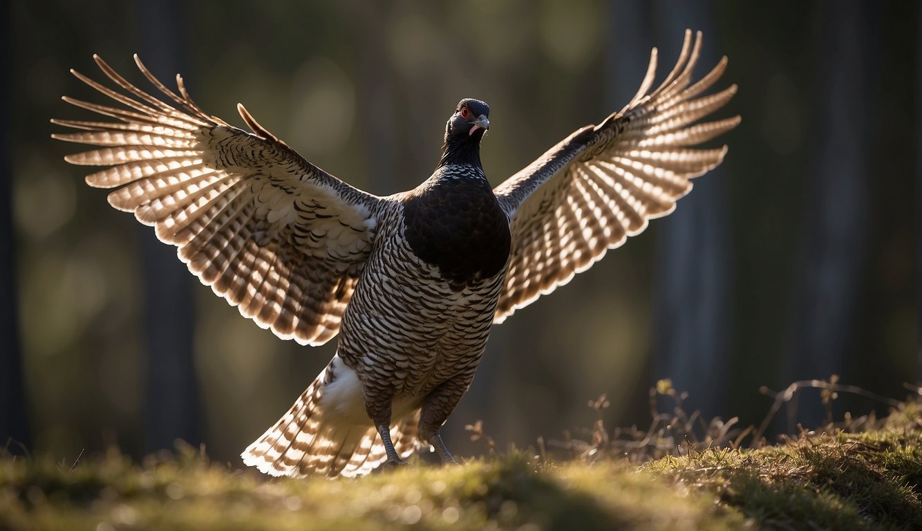 The male grouse performs a mesmerizing drumming display, spreading its wings and puffing out its chest, creating a rhythmic beat to attract a mate
