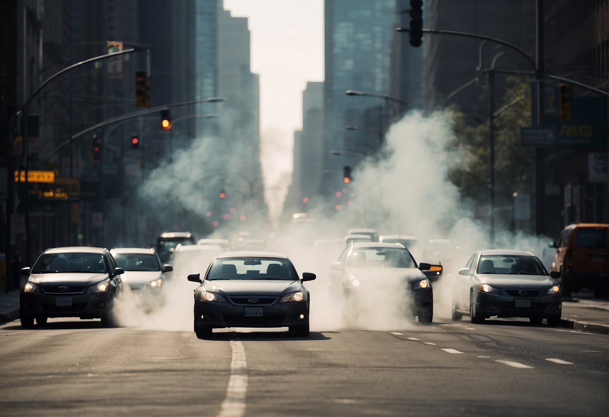 Cars and trucks emitting pollutants on a busy city street. Smoke and exhaust fumes rising into the air