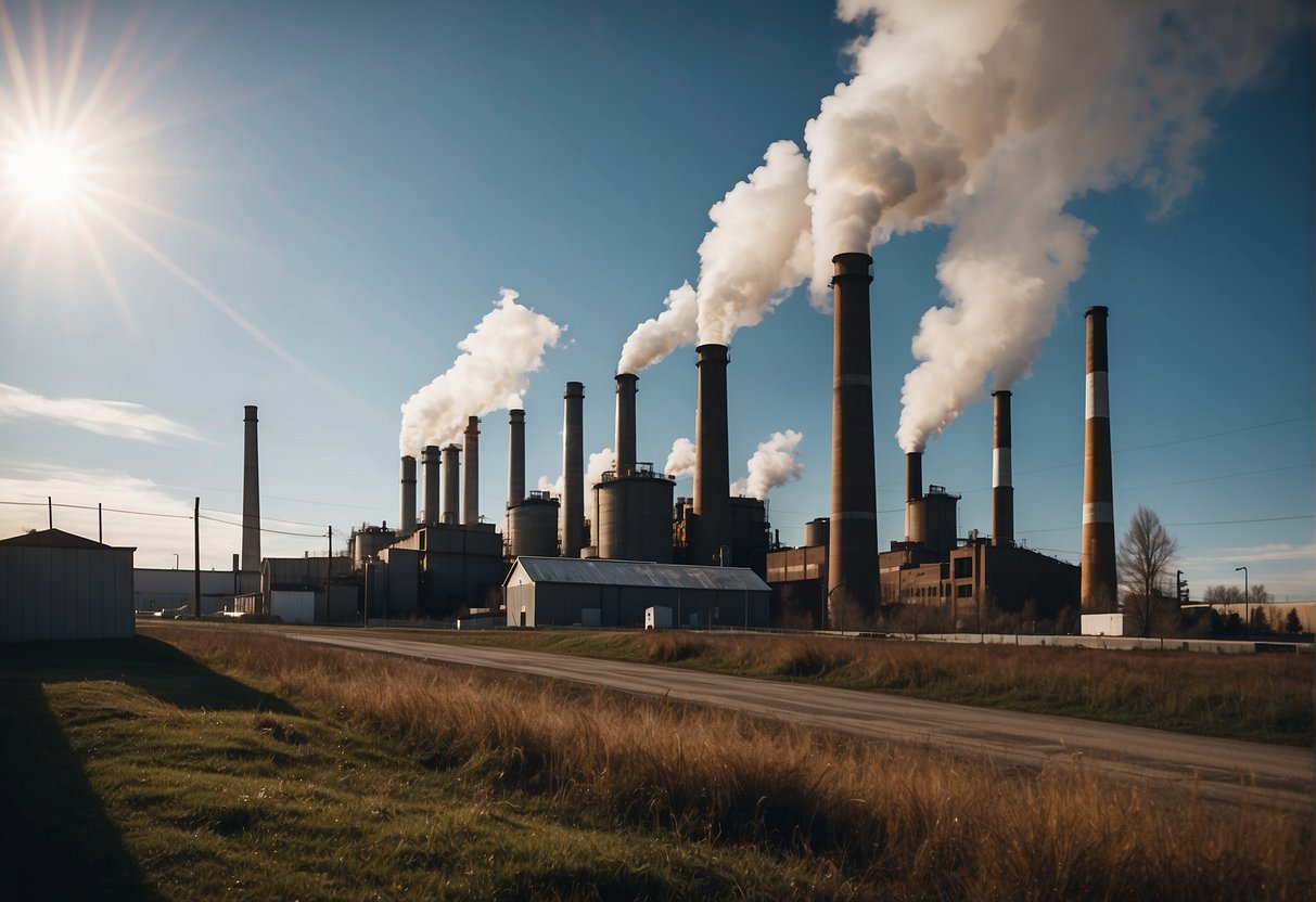 A factory with smokestacks emitting pollutants into the air