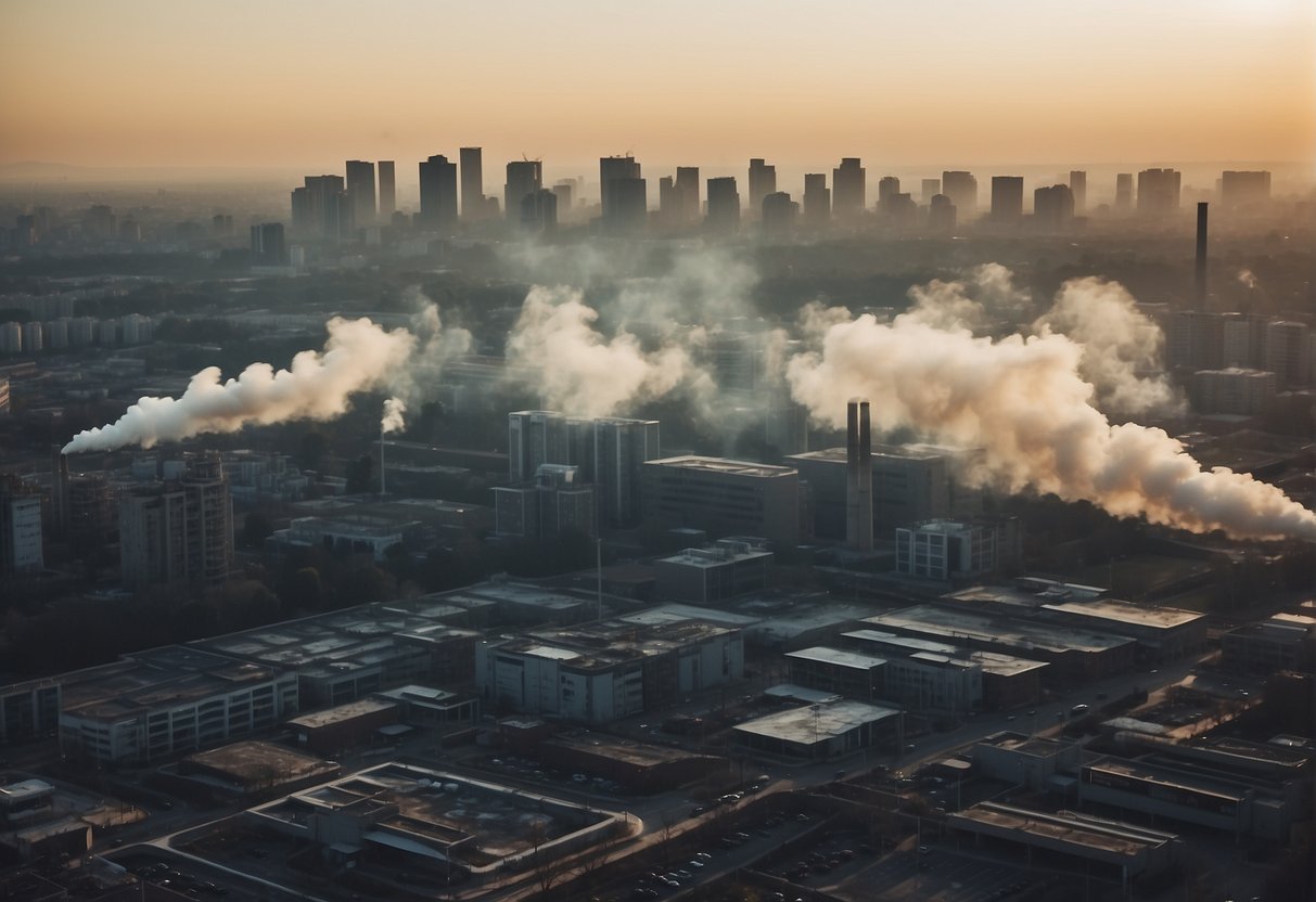 A cityscape with buildings emitting smoke and fumes, surrounded by cars and industrial facilities releasing pollutants into the air