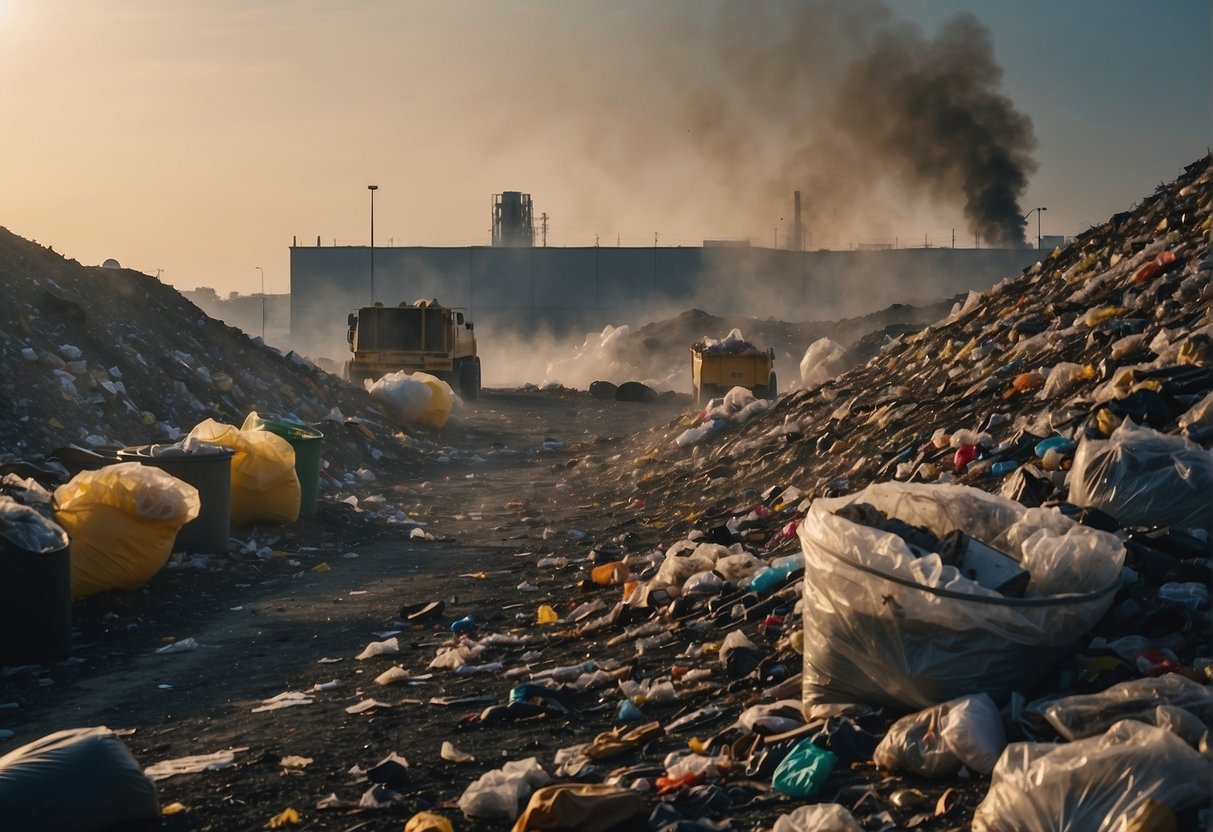 Outdoor air pollutants gather at waste management sites. Trash piles emit fumes. Trucks unload debris. A landfill looms in the background