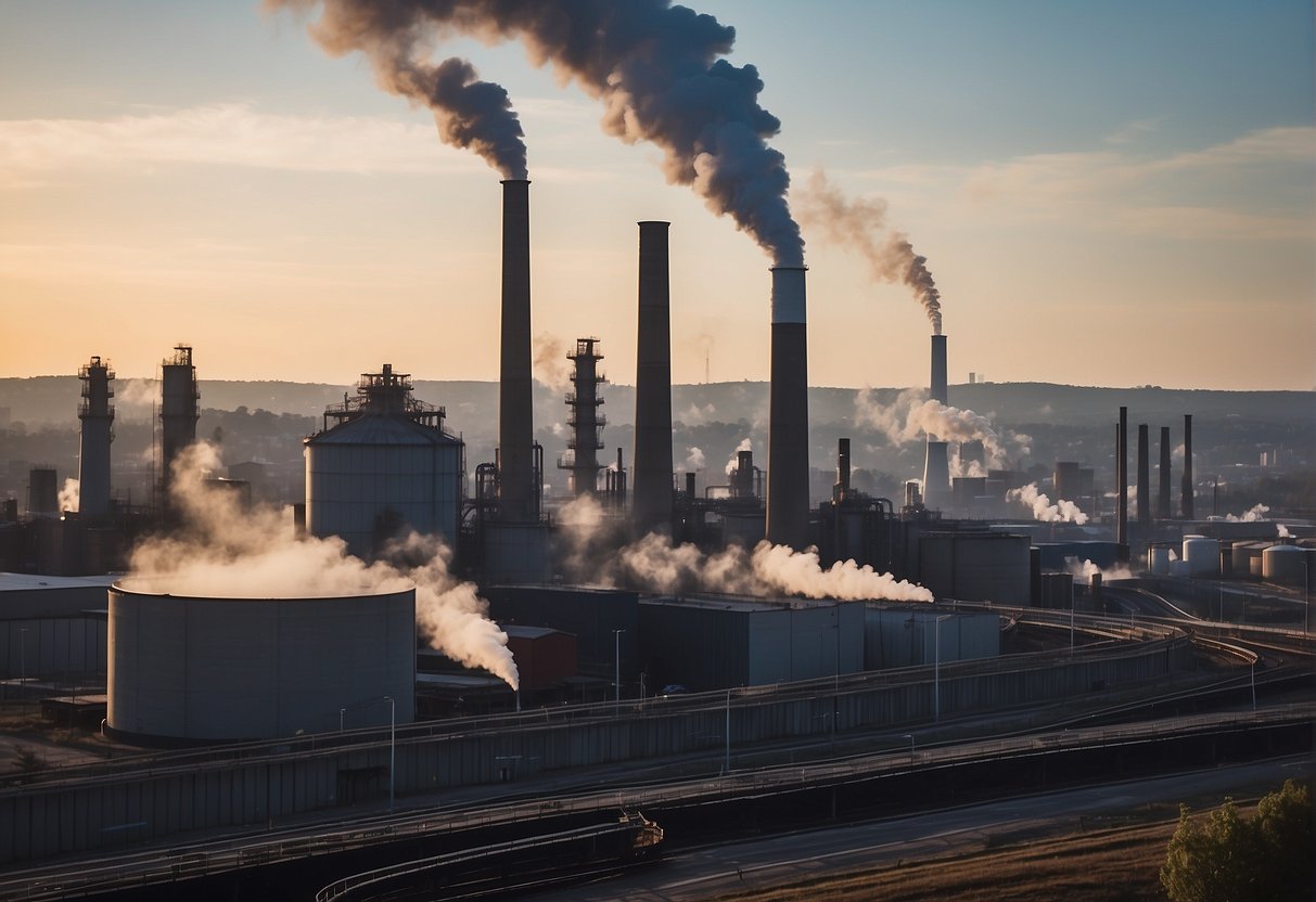 Outdoor air pollutants impact policy and regulation. Show a city skyline with industrial smokestacks and vehicles emitting exhaust