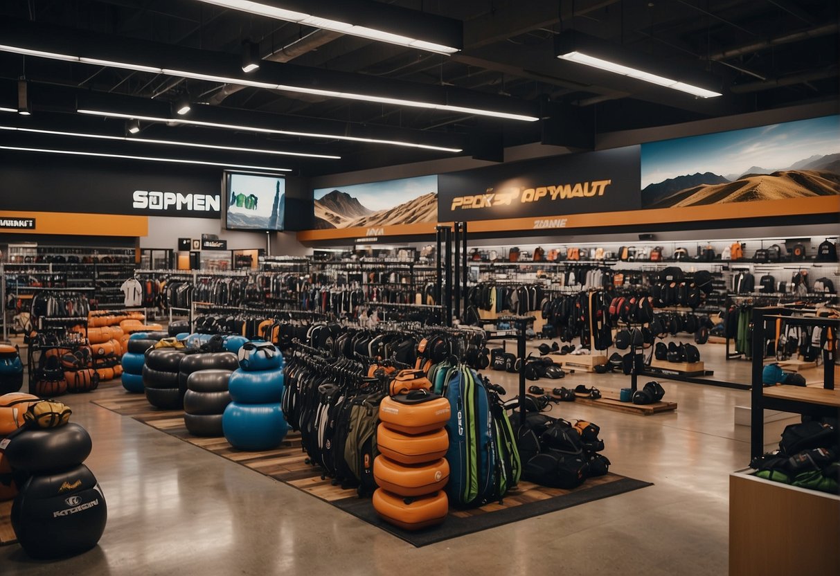 A vast outdoor landscape with mountains in the background, showcasing a variety of sports equipment and gear neatly displayed in the Sportsman Outdoor Superstore