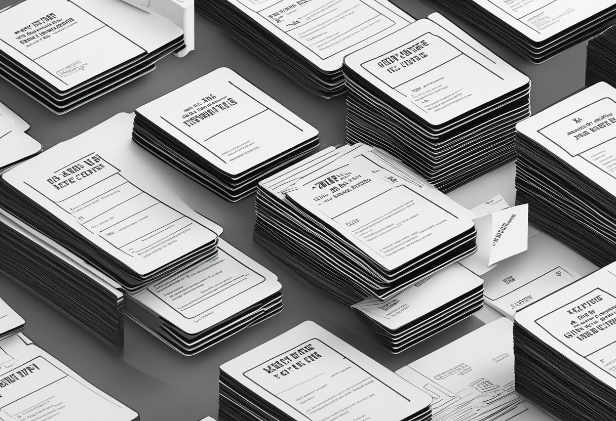 A stack of 25 black and white quote cards, neatly arranged on a clean, white surface, with a single quote card placed slightly askew on top