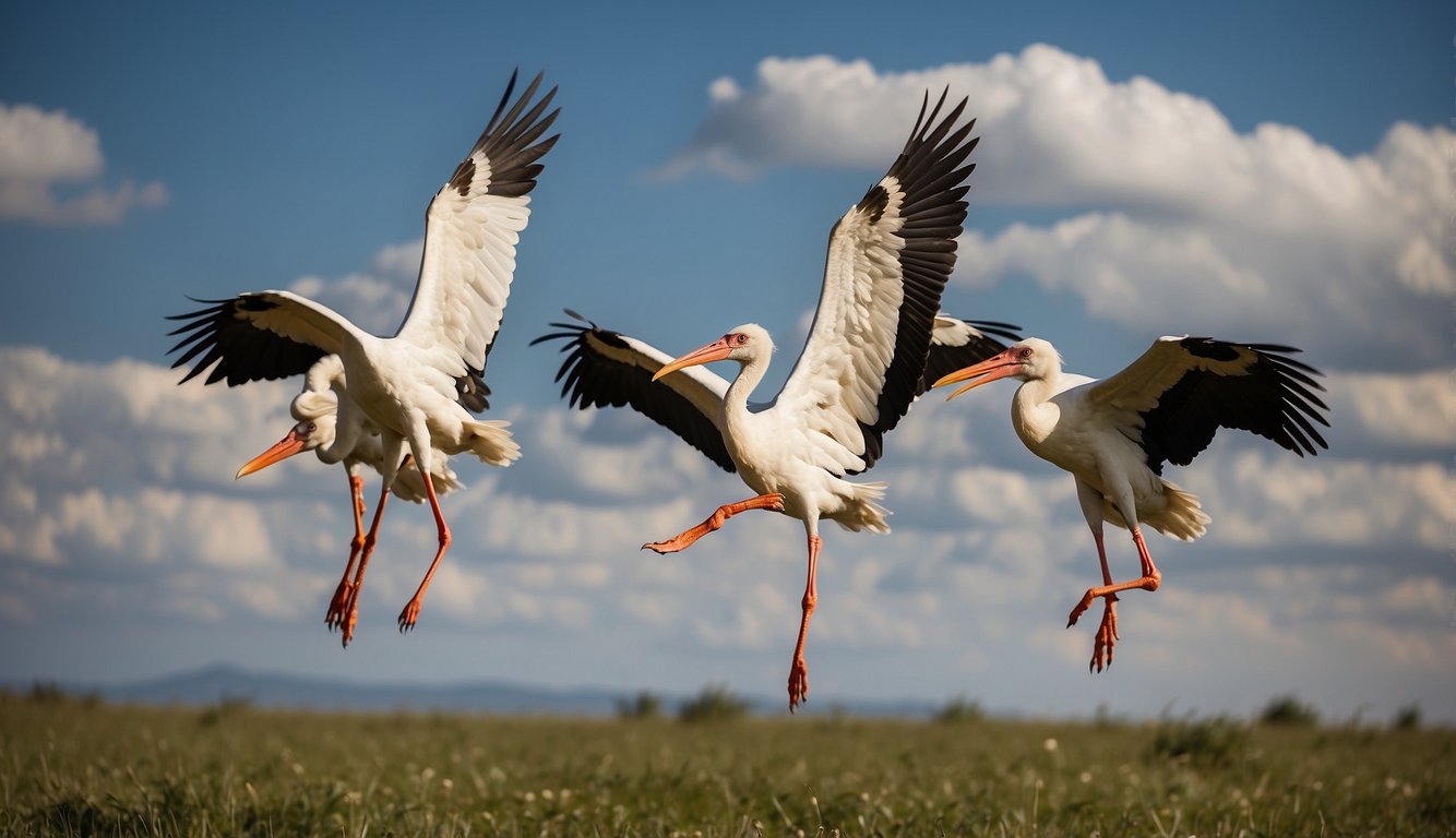 Majestic storks soar across the sky, crossing continents on their migratory journey.

The vast landscape below showcases diverse terrains and climates