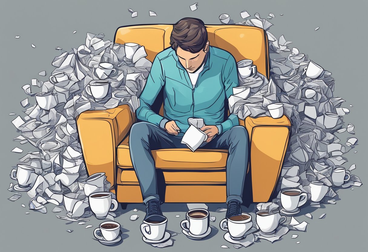 A person slumps in a chair, eyes drooping, surrounded by empty coffee cups and crumpled papers