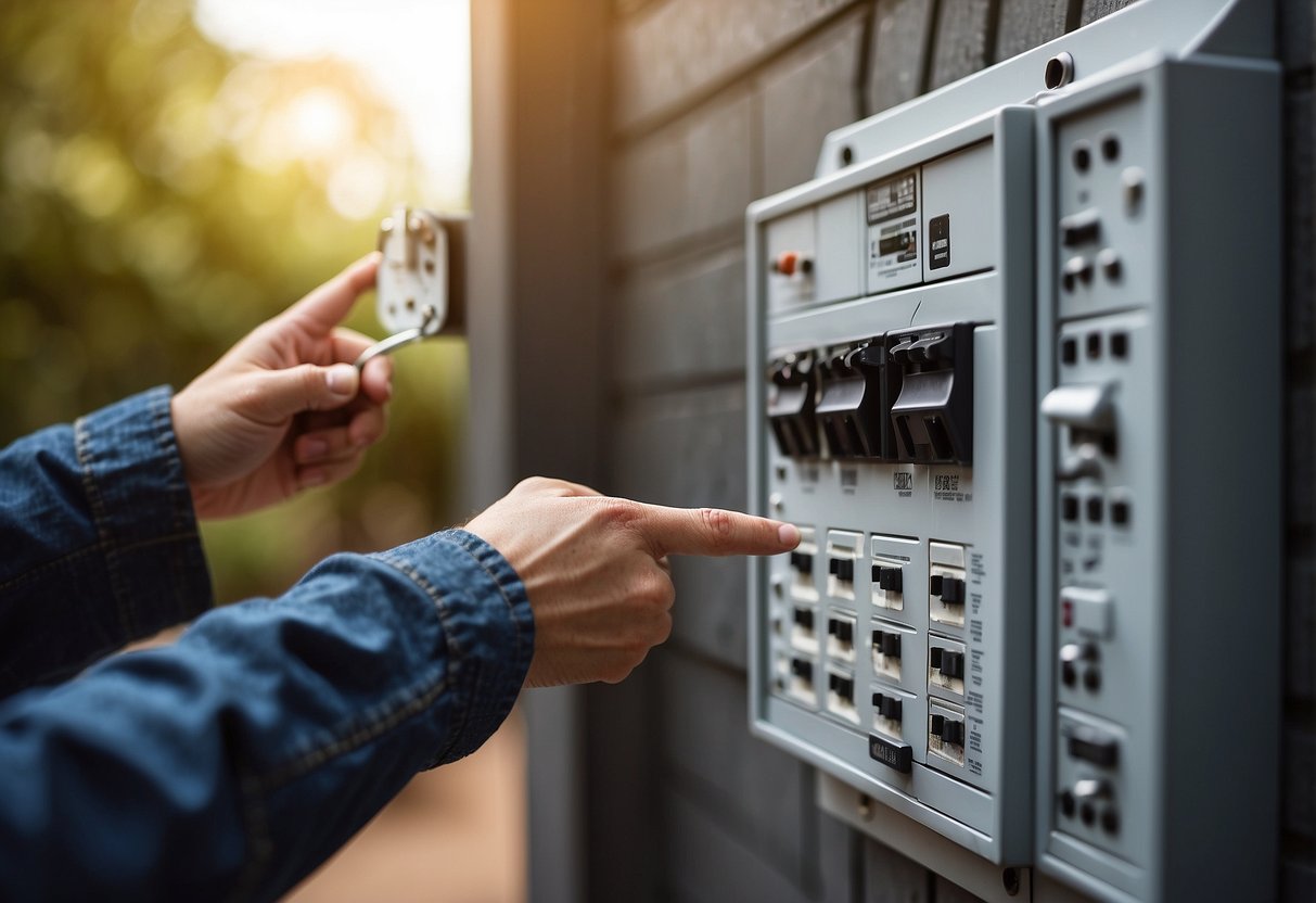 A person pointing to an outdoor outlet, asking for the location of the circuit breaker. Outdoor setting with electrical panel nearby