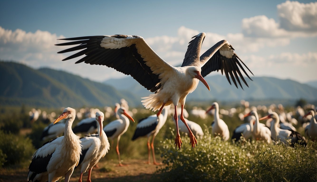 Majestic storks soar across the sky, wings outstretched as they journey across continents, connecting distant lands with their migratory secrets