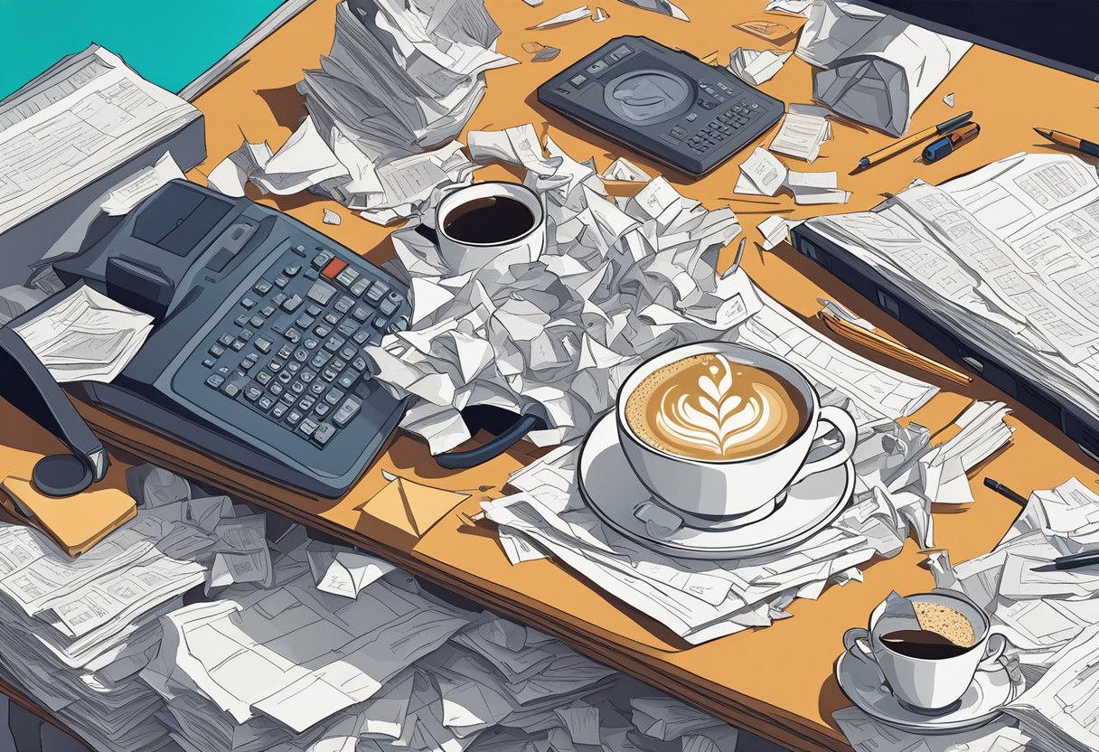 A pile of crumpled papers, a half-empty coffee cup, and a yawning cat on a messy desk. A clock on the wall shows the late hour