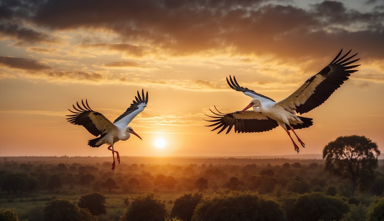 Majestic storks soar across a sunset sky, wings outstretched as they migrate between continents, symbolizing the connection between distant lands