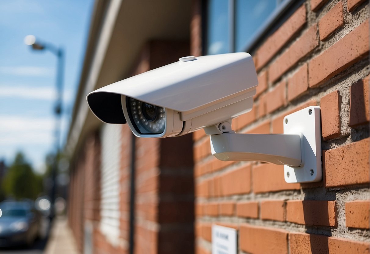 A security camera mounted on the corner of a building, overlooking a parking lot and entrance. It is integrated with other security systems, such as motion sensors and alarms