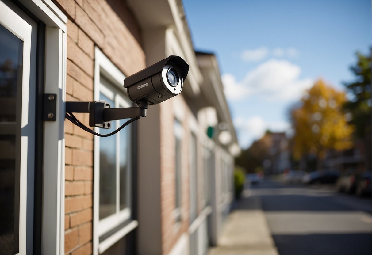 Outdoor security cameras mounted on corners of a building, overlooking entrances and windows. Wires neatly concealed and pointing towards the desired surveillance areas