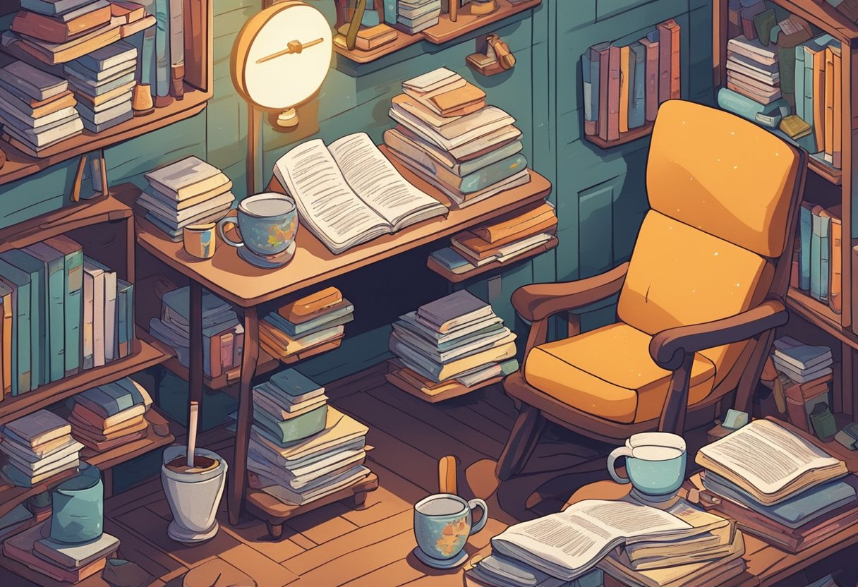 A desk cluttered with books, papers, and a worn-out mug. A cozy armchair sits nearby, with a soft blanket draped over the back. A framed quote hangs on the wall, surrounded by inspiring images