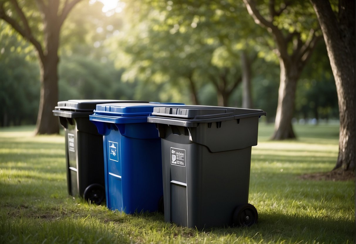 Sturdy plastic and metal bins with secure lids. Trash bags are tied tightly to prevent spills. Outdoor setting with trees and grass