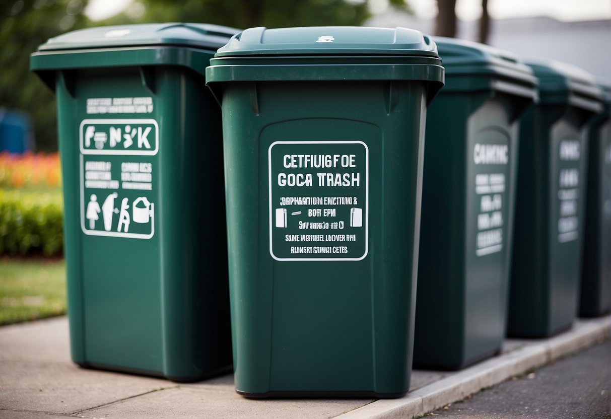 A row of outdoor trash containers with various designs, labeled with regulations and standards for acceptance