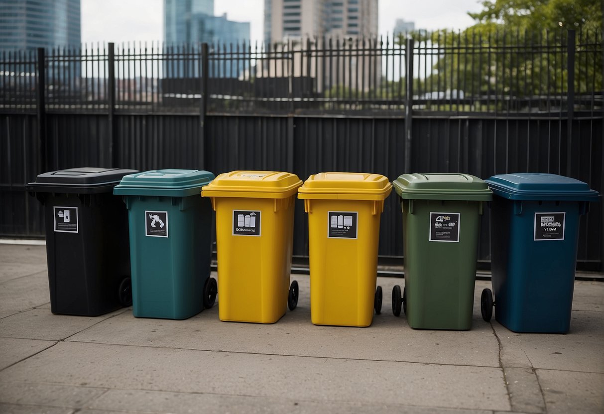 Several outdoor trash containers of varying sizes and capacities are displayed in a comparison chart, with measurements and specifications clearly labeled