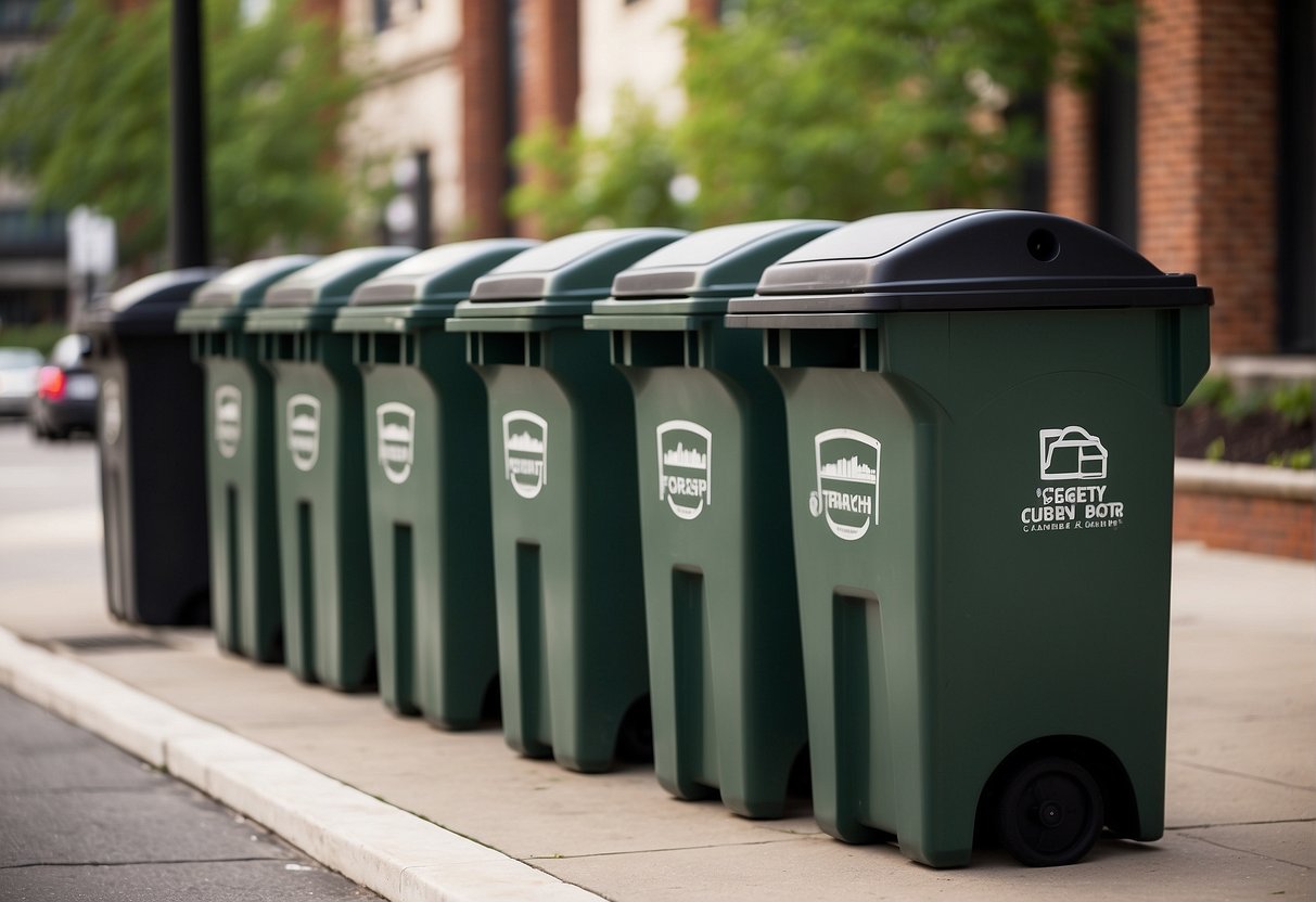 A row of durable, weather-resistant outdoor trash containers lined up along a city sidewalk, each with a secure lid and sturdy base