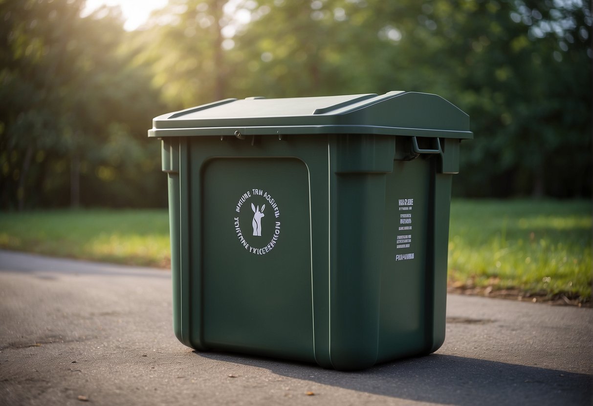 A sturdy, weather-resistant trash container sits outside, with a secure lid to prevent wildlife access. It is made of durable materials suitable for outdoor use