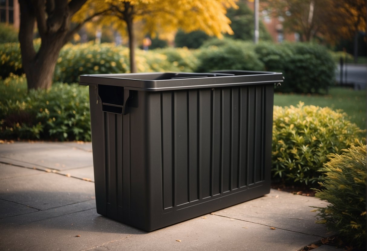 A durable outdoor trash container with accessible features and easy handling