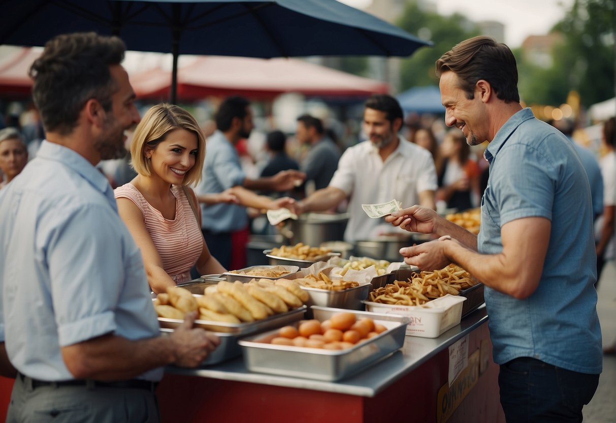 Customers exchanging money for food at a bustling outdoor food stand. The scene reflects the economic goal of exchange as individuals trade currency for goods