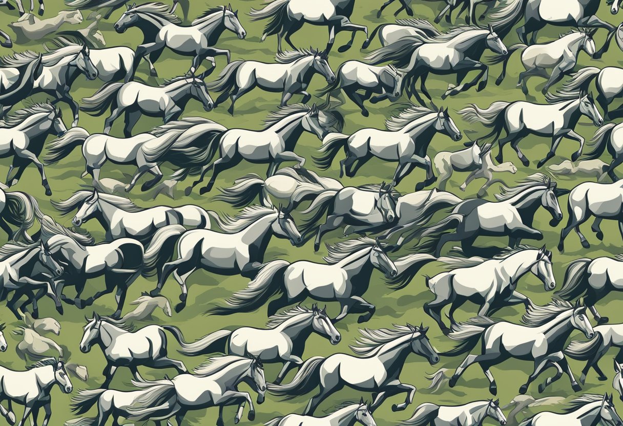 A herd of majestic horses galloping freely across an open field, their powerful muscles rippling as they move with grace and strength