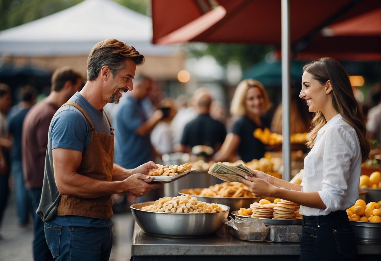 Customers exchanging money for food at an outdoor stand