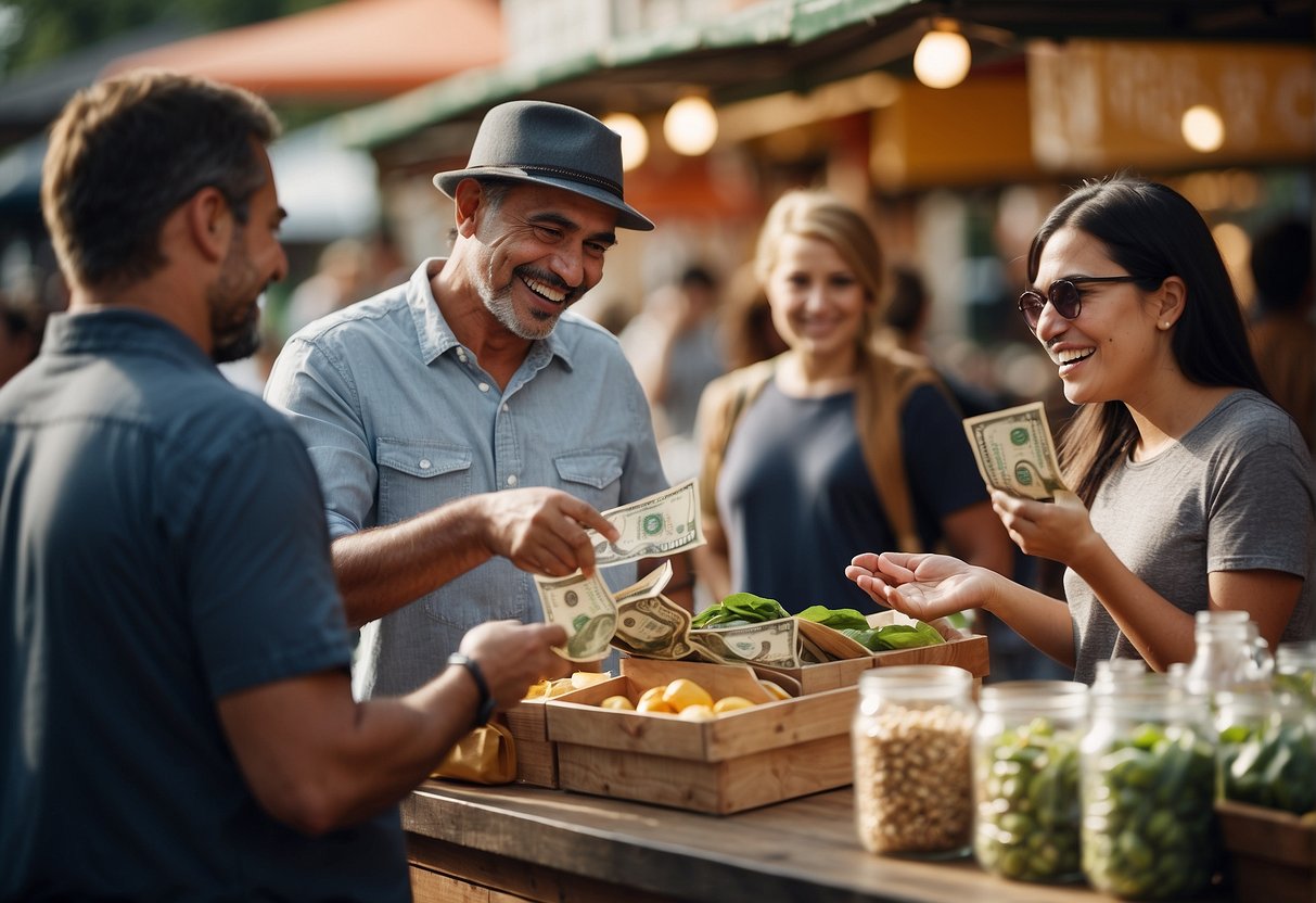 Customers at outdoor food stand exchanging money for goods, illustrating resource allocation economic goal