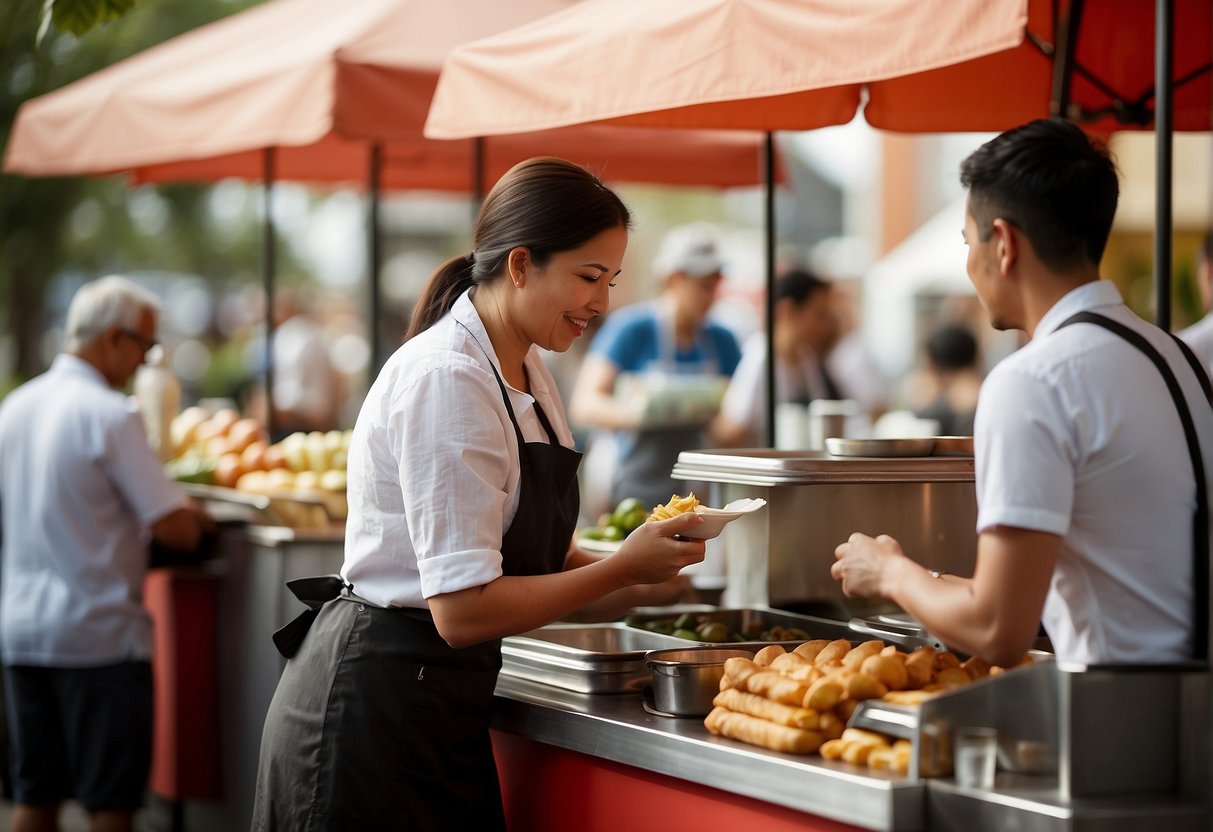 Customers quickly order and pay for food at a busy outdoor stand, while the staff efficiently prepares and serves the orders