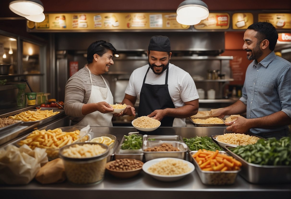 Customers of diverse backgrounds receiving equal portions at a food stand