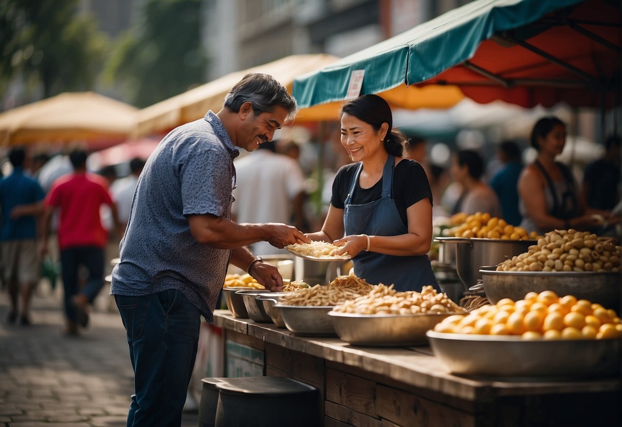 Customers and vendors interact at a bustling outdoor food stand, exchanging money for goods