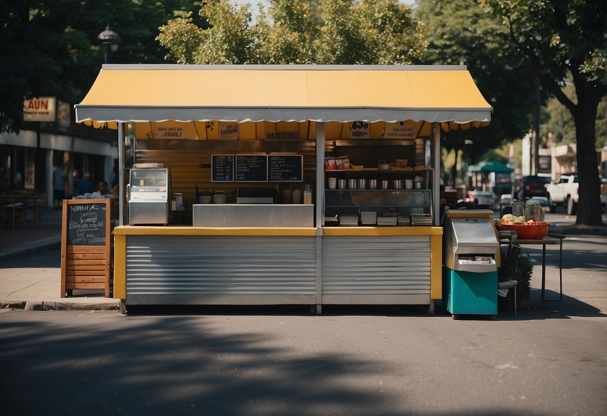 An outdoor food stand with a line of customers, a cash register, and a sign displaying prices