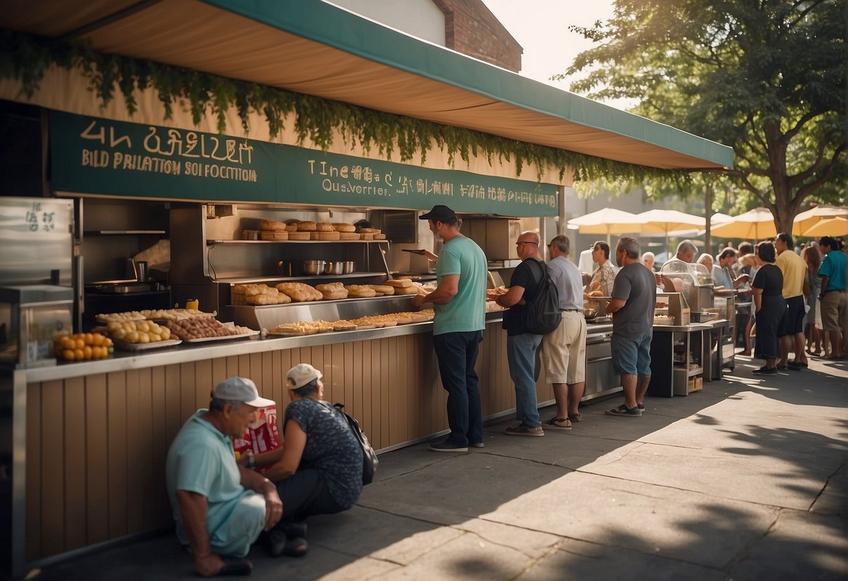 An outdoor food stand with a long line of customers represents the economic goal of efficiency and allocation of resources