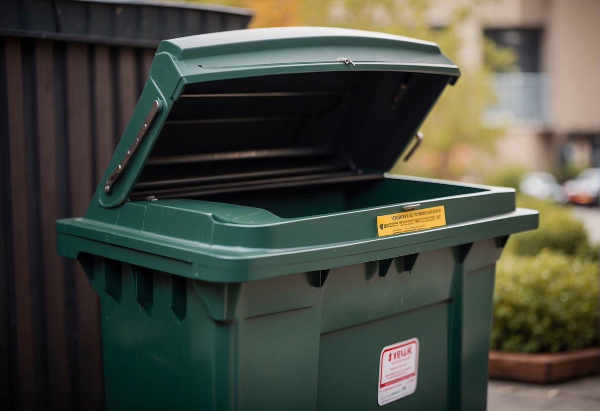 The lid of the outdoor dumpster is tightly closed, featuring a secure mechanism to prevent pests from entering