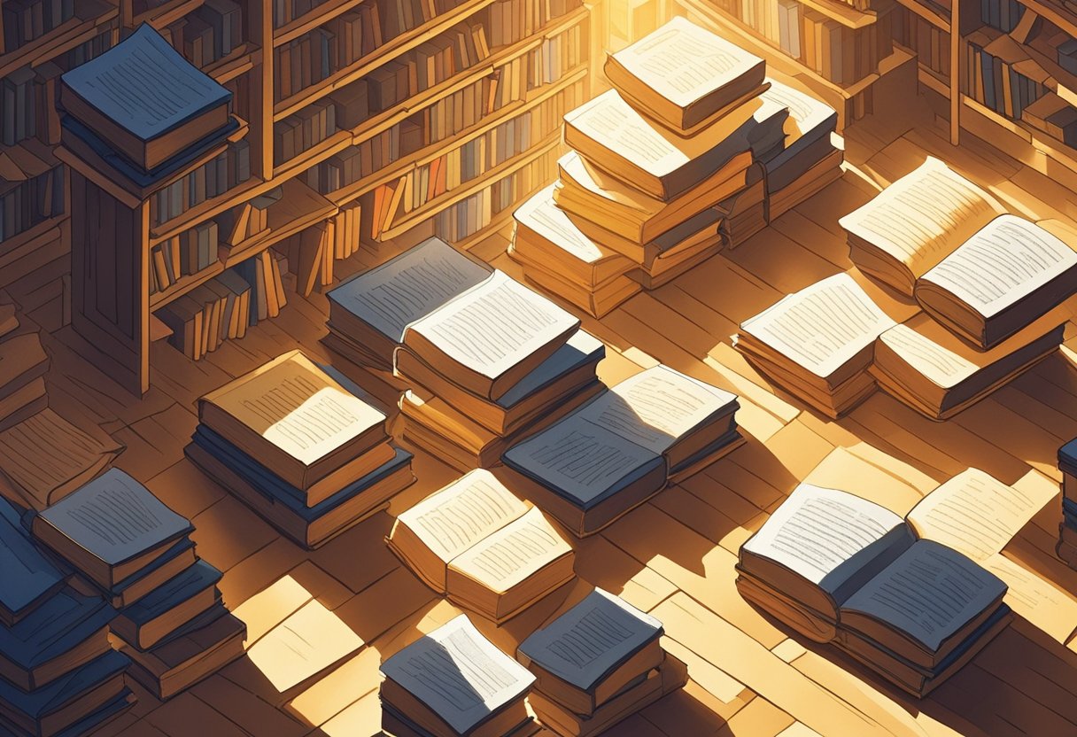 A beam of sunlight streams through a crack in the window, casting a warm glow on a stack of books. The light dances across the pages, creating a mesmerizing pattern of shadows and highlights