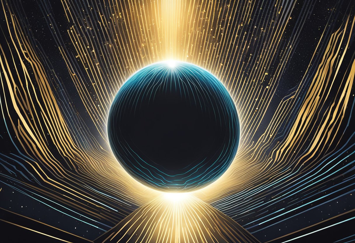 A glowing orb surrounded by beams of light, casting radiant patterns across a dark background