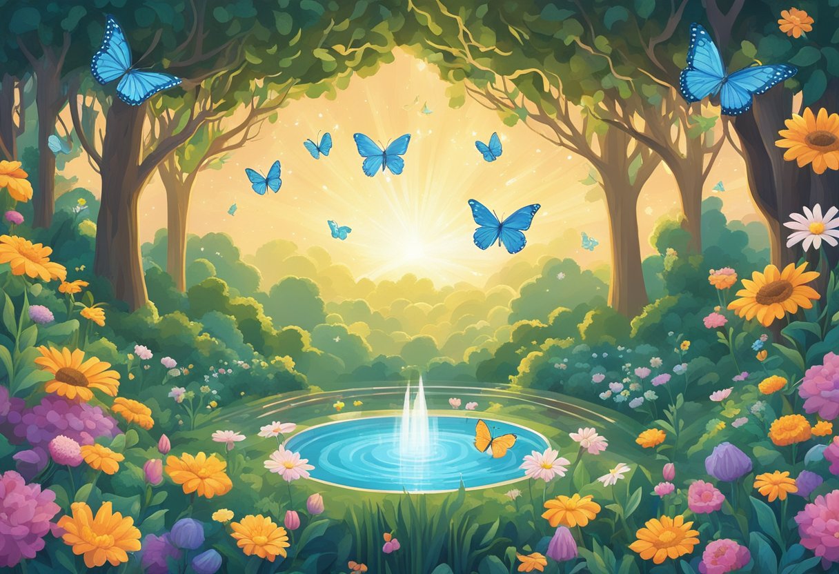 A glowing halo hovers above a peaceful garden, surrounded by blooming flowers and fluttering butterflies. Rays of light illuminate the scene, creating a sense of divine presence