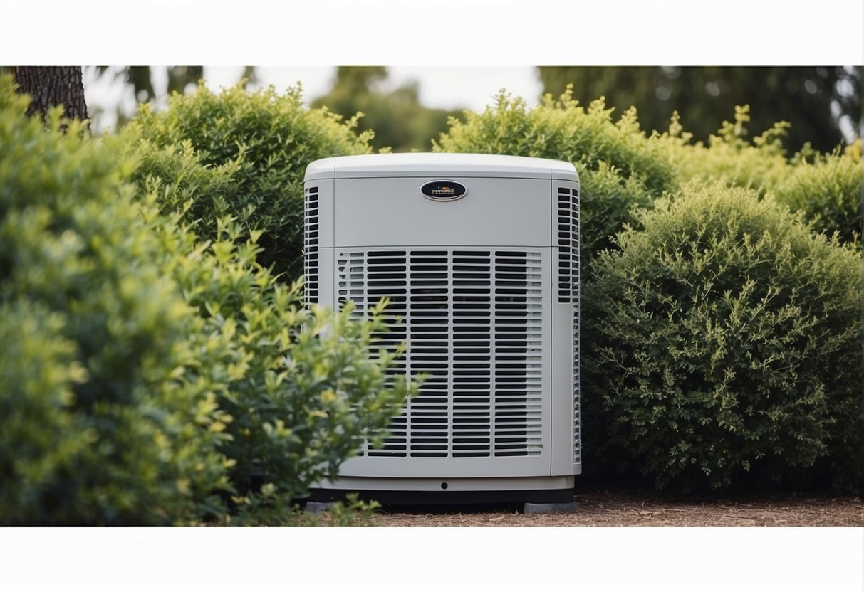 The outdoor condensing unit is positioned discreetly behind a row of tall bushes, blending seamlessly with the surrounding landscape