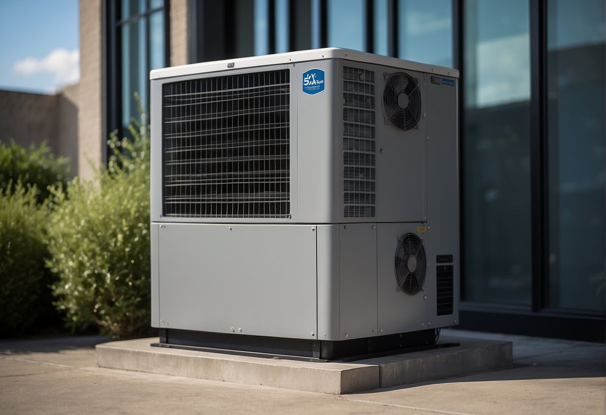 An outdoor condensing unit sits on a concrete pad next to a commercial building, surrounded by proper clearance and ventilation according to legal and building codes