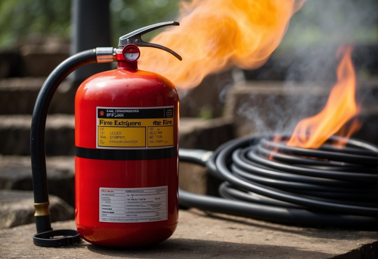 A fire extinguisher labeled with its classification rating, surrounded by outdoor testing equipment and a controlled fire