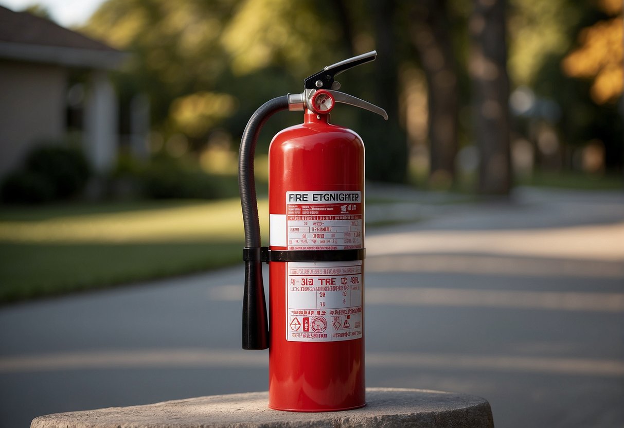 A fire extinguisher labeled with Class A rating being tested outdoors