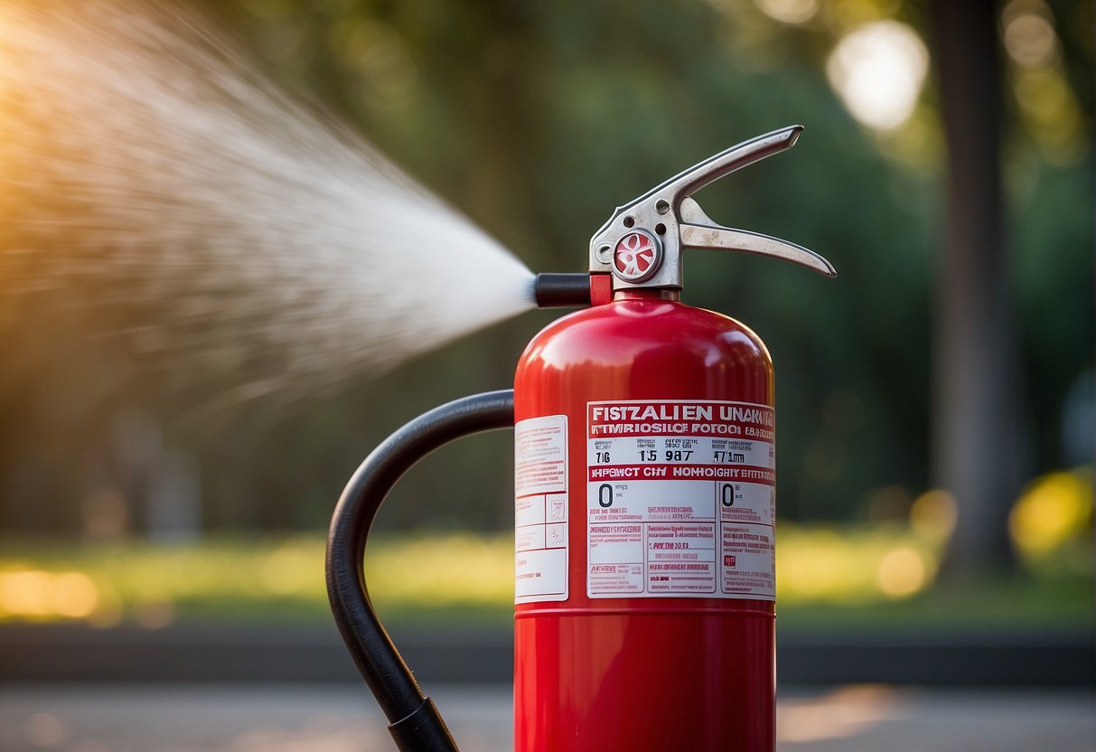 A fire extinguisher being tested outdoors to determine its class rating based on its effectiveness in extinguishing fires