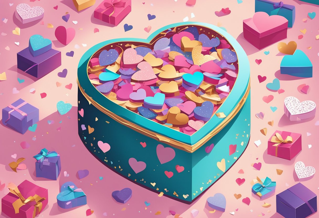 A heart-shaped box overflowing with love quotes, surrounded by scattered heart-shaped confetti and twinkling fairy lights