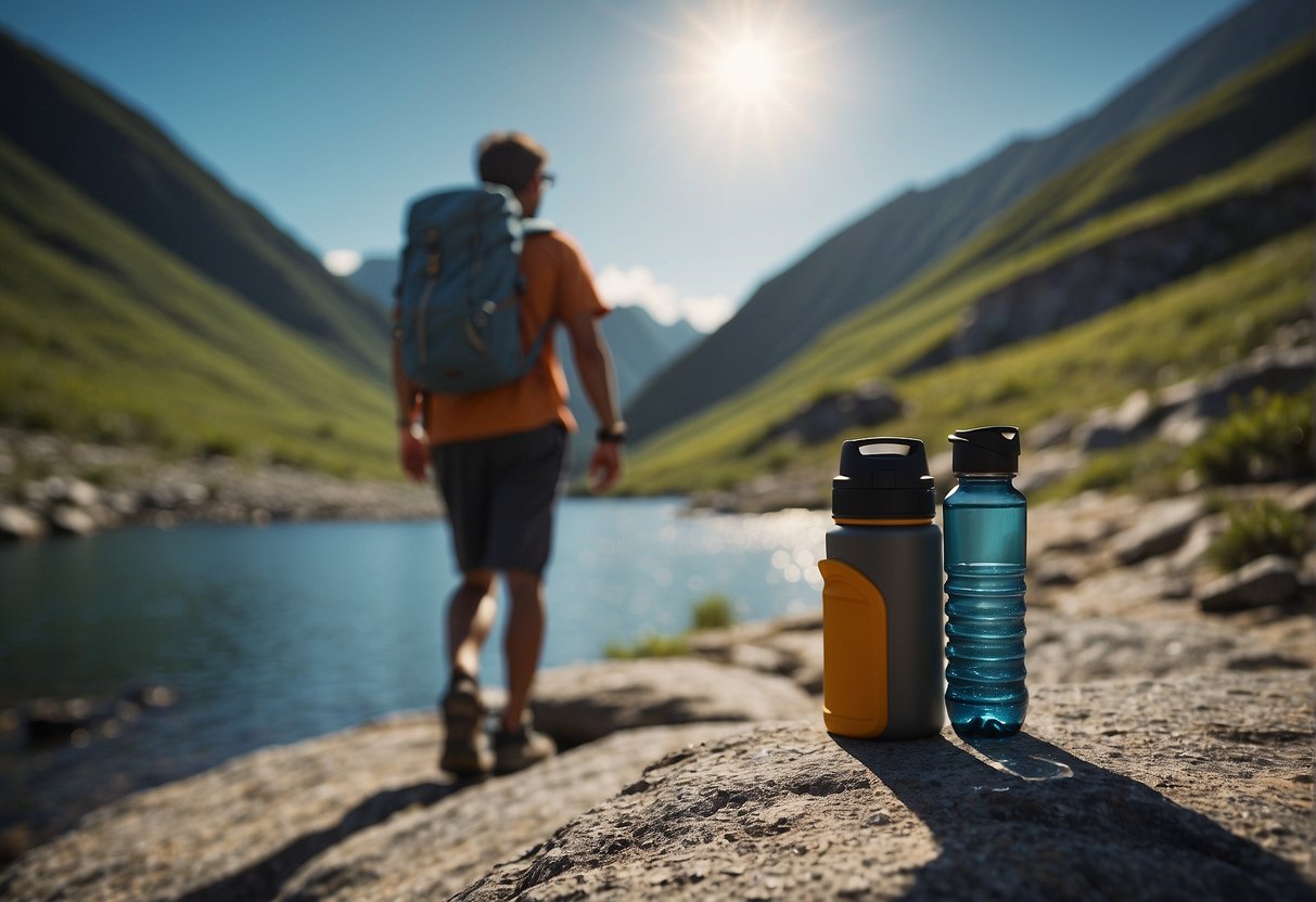 A person hiking in the mountains with a water bottle, soda, and coffee, but no water