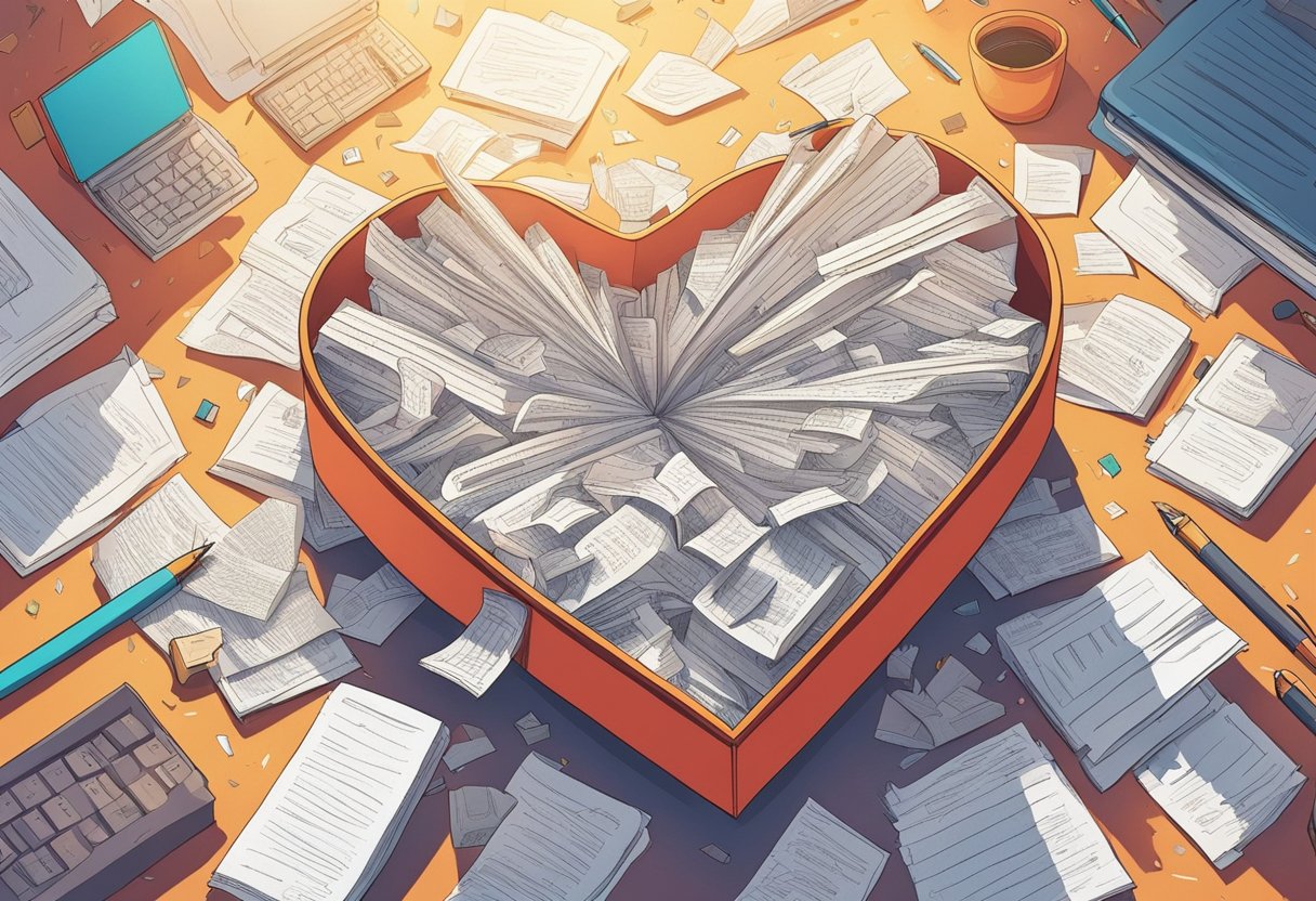 A heart-shaped box overflowing with quotes, surrounded by scattered papers and pens. Rays of sunlight streaming in through a window, casting a warm glow over the scene