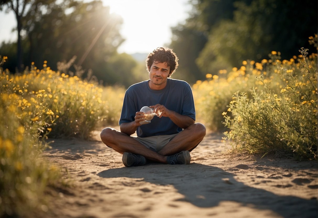 A person sitting under a scorching sun with no water bottle