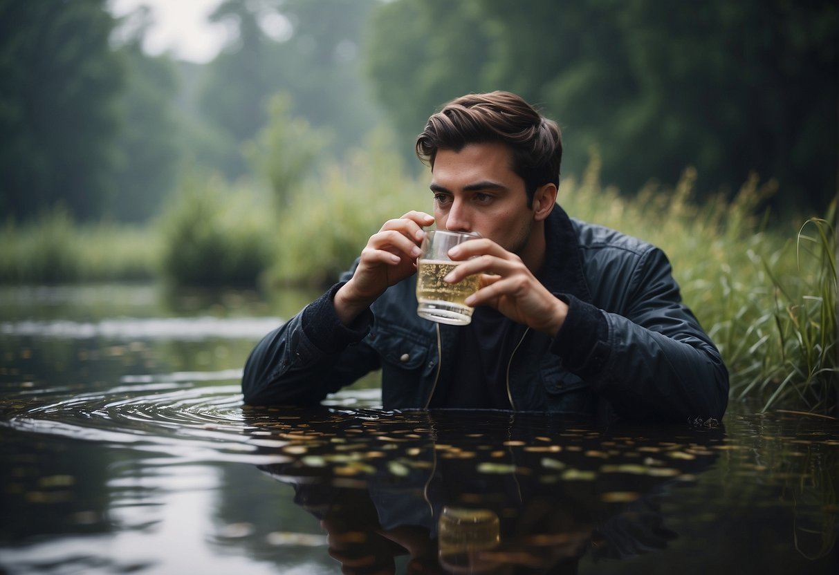 A person drinking from a murky pond